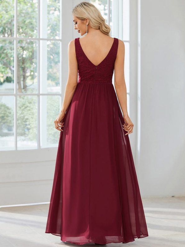 Lace Empire Waist V-Back Sleeveless Chiffon Evening Dress - Burgundy