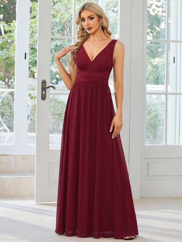 Lace Empire Waist V-Back Sleeveless Chiffon Evening Dress - Burgundy