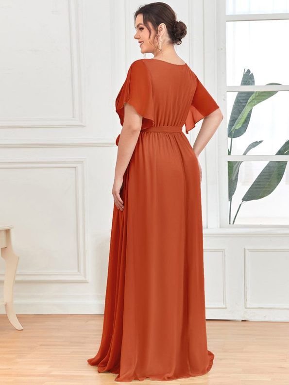A-Line Pleated Chiffon Tie-Waist Evening Dress - Burnt Orange
