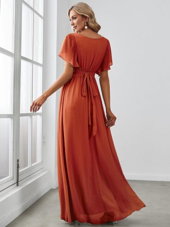 A-Line Pleated Chiffon Tie-Waist Evening Dress - Burnt Orange