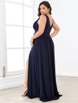 Sleeveless V-Neck Empire Waist High Slit Floor-Length Evening Dress – Navy Blue