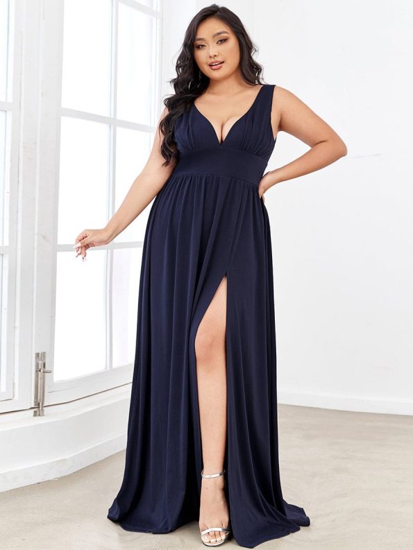 Sleeveless V-Neck Empire Waist High Slit Floor-Length Evening Dress - Navy Blue