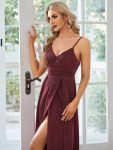 Spaghetti Strap Front Slit Shiny Evening Dress – Burgundy