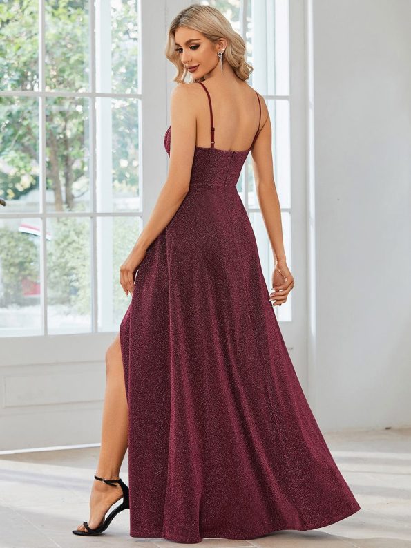 Spaghetti Strap Front Slit Shiny Evening Dress - Burgundy