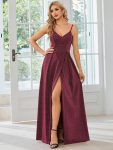 Spaghetti Strap Front Slit Shiny Evening Dress - Burgundy