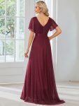 Sparkling Short Sleeve V-Neck Ribbon Waist A-Line Evening Dress – Burgundy