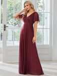 Sparkling Short Sleeve V-Neck Ribbon Waist A-Line Evening Dress – Burgundy