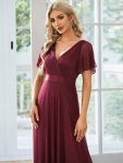 Sparkling Short Sleeve V-Neck Ribbon Waist A-Line Evening Dress – Burgundy