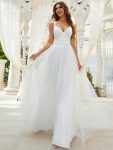 Double V Neck Lace Bodice Open Back Tulle Wedding Dress – Cream