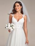 Double V Neck Lace Bodice Open Back Tulle Wedding Dress – Cream