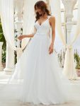 Double V Neck Lace Bodice Open Back Tulle Wedding Dress – Cream