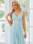 Stunning V Neck Lace Dress with Asymmetrical Hems – Sky Blue