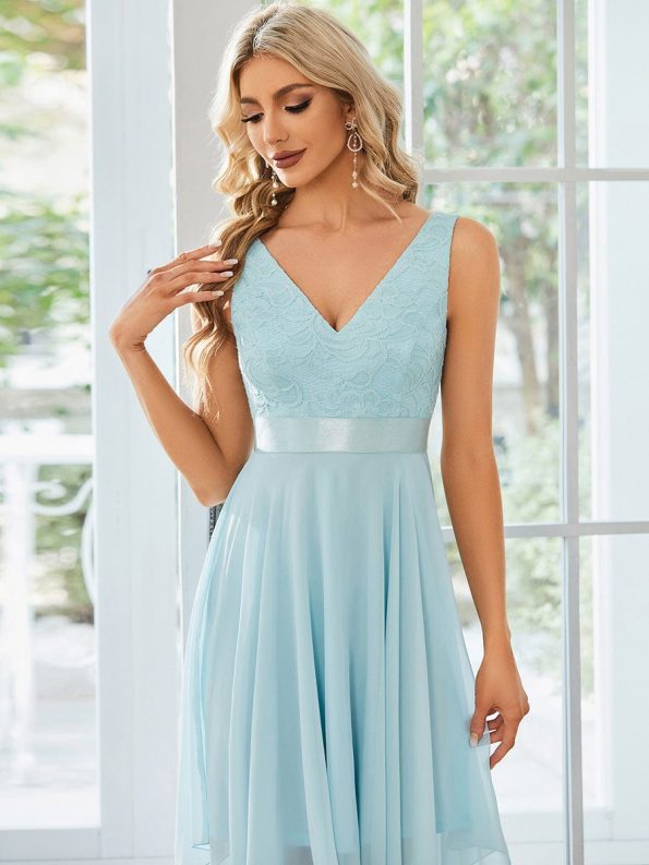 Stunning V Neck Lace Dress with Asymmetrical Hems - Sky Blue