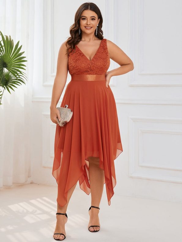 Deep V-Neck Lace Chiffon Bridesmaid Dress with Asymmetrical Hem - Burnt Orange