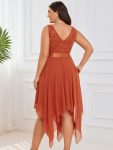 Deep V-Neck Lace Chiffon Bridesmaid Dress with Asymmetrical Hem – Burnt Orange