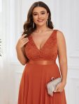 Deep V-Neck Lace Chiffon Bridesmaid Dress with Asymmetrical Hem – Burnt Orange