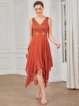 Deep V-Neck Lace Chiffon Bridesmaid Dress with Asymmetrical Hem – Burnt Orange