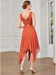 Deep V-Neck Lace Chiffon Bridesmaid Dress with Asymmetrical Hem – Burnt Orange