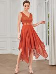 Deep V-Neck Lace Chiffon Bridesmaid Dress with Asymmetrical Hem – Burnt Orange