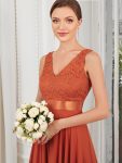 Deep V-Neck Lace Chiffon Bridesmaid Dress with Asymmetrical Hem – Burnt Orange