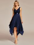 Deep V-Neck Lace Chiffon Bridesmaid Dress with Asymmetrical Hem – Navy Blue