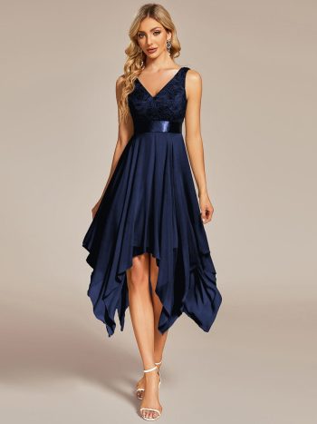 Deep V-Neck Lace Chiffon Bridesmaid Dress with Asymmetrical Hem - Navy Blue