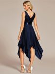 Stunning V Neck Lace Dress with Asymmetrical Hems – Navy Blue