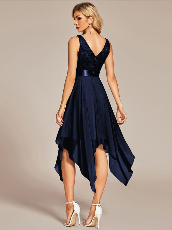 Deep V-Neck Lace Chiffon Bridesmaid Dress with Asymmetrical Hem - Navy Blue