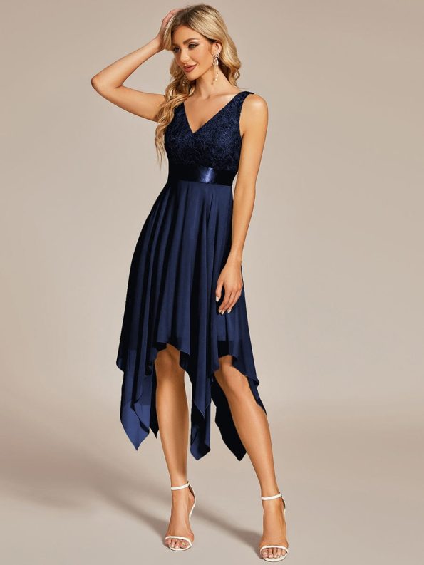 Deep V-Neck Lace Chiffon Bridesmaid Dress with Asymmetrical Hem - Navy Blue