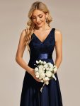 Deep V-Neck Lace Chiffon Bridesmaid Dress with Asymmetrical Hem – Navy Blue