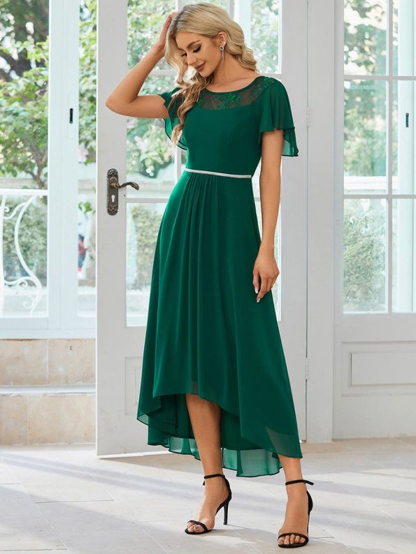 Chiffon Ruffle Sleeves Asymmetrical Hem Mother of the Bride Dress - Dark Green