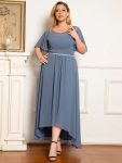 Chiffon Ruffle Sleeves Asymmetrical Hem Mother of the Bride Dress – Dusty Navy