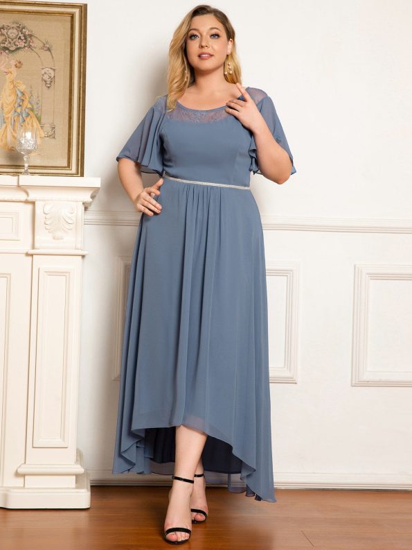 Chiffon Ruffle Sleeves Asymmetrical Hem Mother of the Bride Dress - Dusty Navy