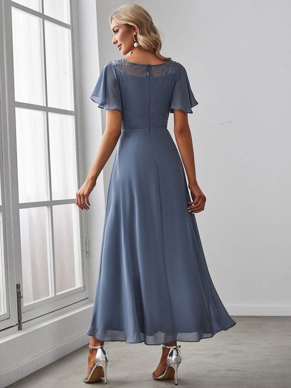 Chiffon Ruffle Sleeves Asymmetrical Hem Mother of the Bride Dress - Dusty Navy