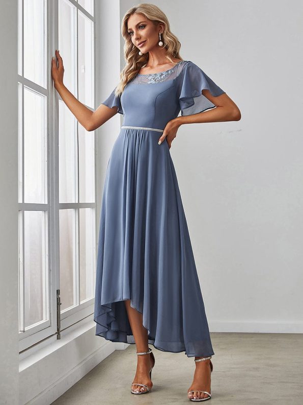 Chiffon Ruffle Sleeves Asymmetrical Hem Mother of the Bride Dress - Dusty Navy