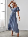 Chiffon Ruffle Sleeves Asymmetrical Hem Mother of the Bride Dress – Dusty Navy