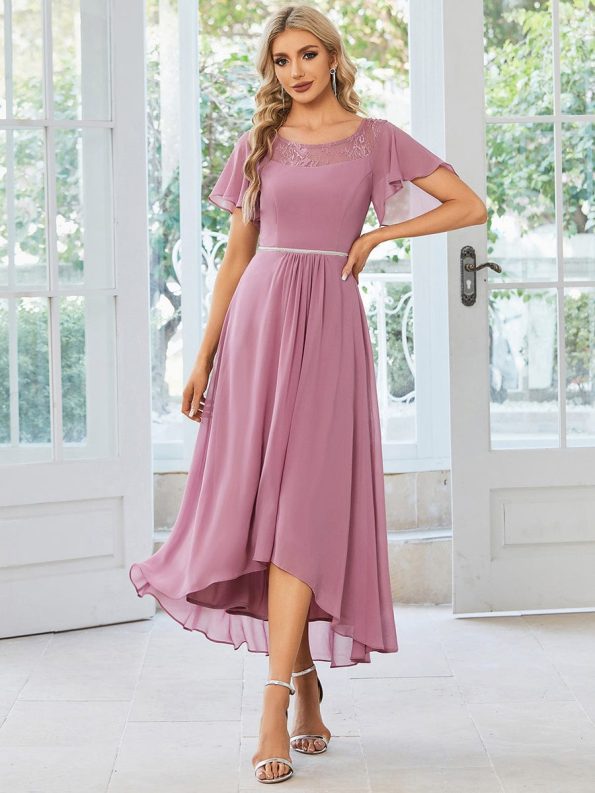 Chiffon Ruffle Sleeves Asymmetrical Hem Mother of the Bride Dress - Purple Orchid