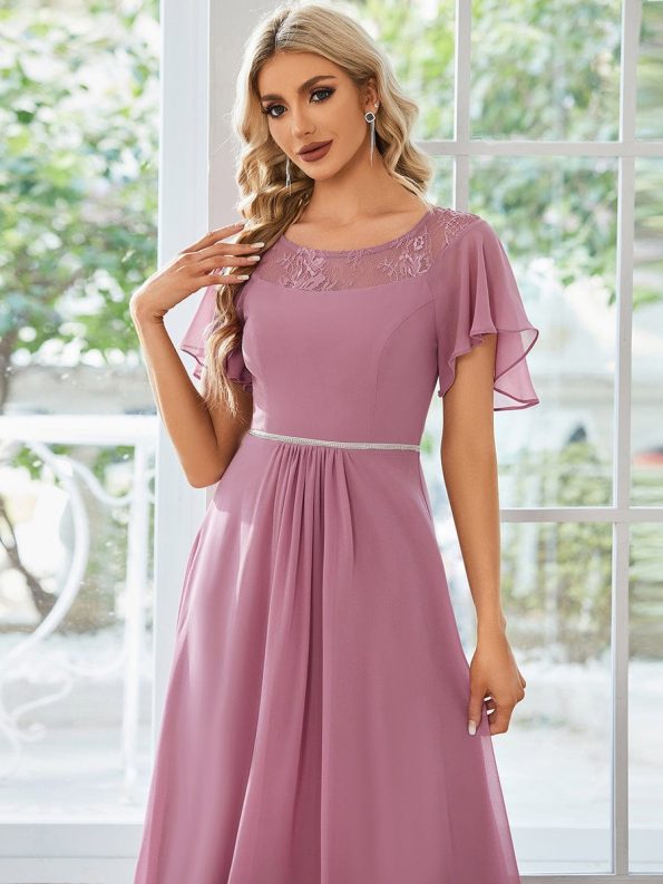 Chiffon Ruffle Sleeves Asymmetrical Hem Mother of the Bride Dress - Purple Orchid