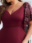 Sexy V Neck Maxi Bodycon Evening Dress with Flare Sleeves – Burgundy