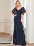 Sexy V Neck Maxi Bodycon Evening Dress with Flare Sleeves – Navy Blue