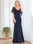 Sexy V Neck Maxi Bodycon Evening Dress with Flare Sleeves – Navy Blue