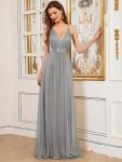 Sexy V-neck Open Back Pleated Maxi Tulle Evening Dresses – Grey