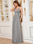 Sexy V-neck Open Back Pleated Maxi Tulle Evening Dresses – Grey