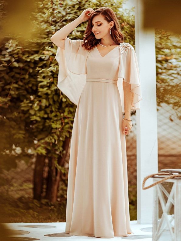 Elegant V Neck Flowy Chiffon Bridesmaid Dresses with Wraps - Blush