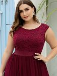 Classic Round Neck V Back Lace Bodice Bridesmaid Dress – Burgundy