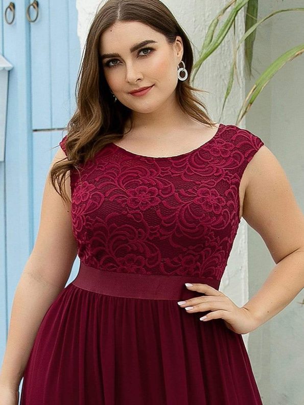 Classic Round Neck V Back Lace Bodice Bridesmaid Dress - Burgundy