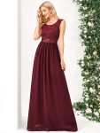 Classic Round Neck V Back Lace Bodice Bridesmaid Dress – Burgundy