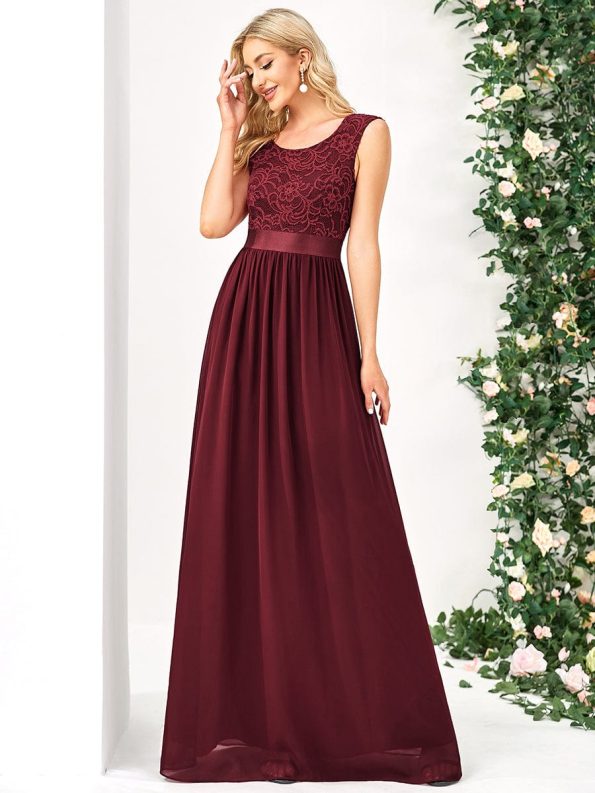 Classic Round Neck V Back Lace Bodice Bridesmaid Dress - Burgundy