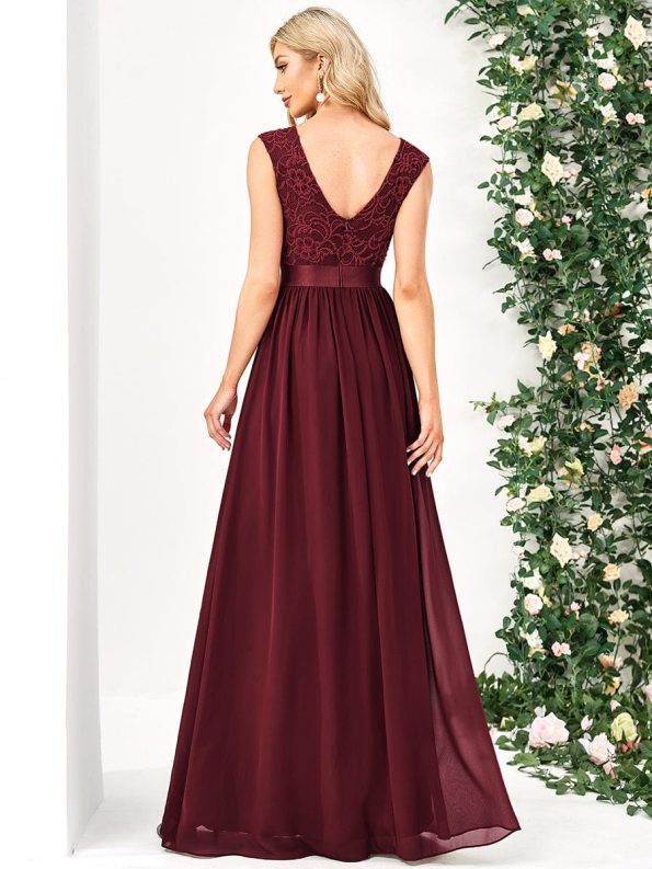 Classic Round Neck V Back Lace Bodice Bridesmaid Dress - Burgundy