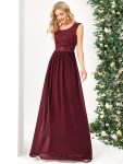 Classic Round Neck V Back Lace Bodice Bridesmaid Dress – Burgundy